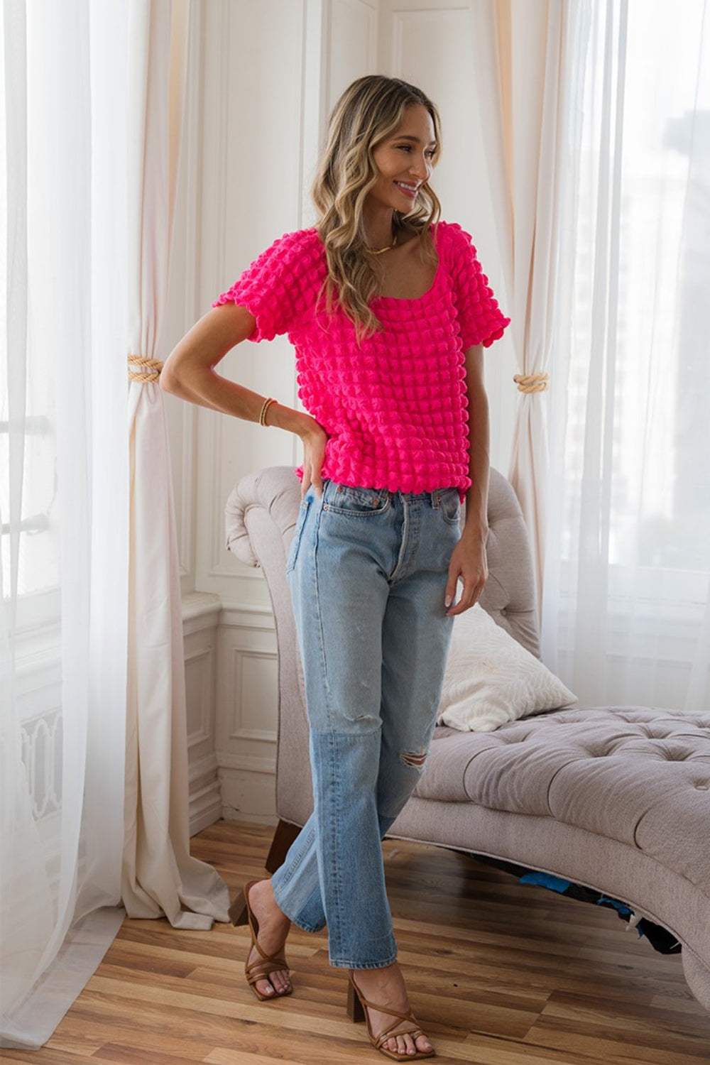 Sew In Love Bubble Textured Round Neck Short Sleeve T-Shirt - Trendsi - Flyclothing LLC