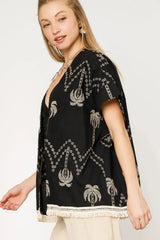 Umgee Open Front Embroidered Fringe Kimono - Trendsi - Flyclothing LLC