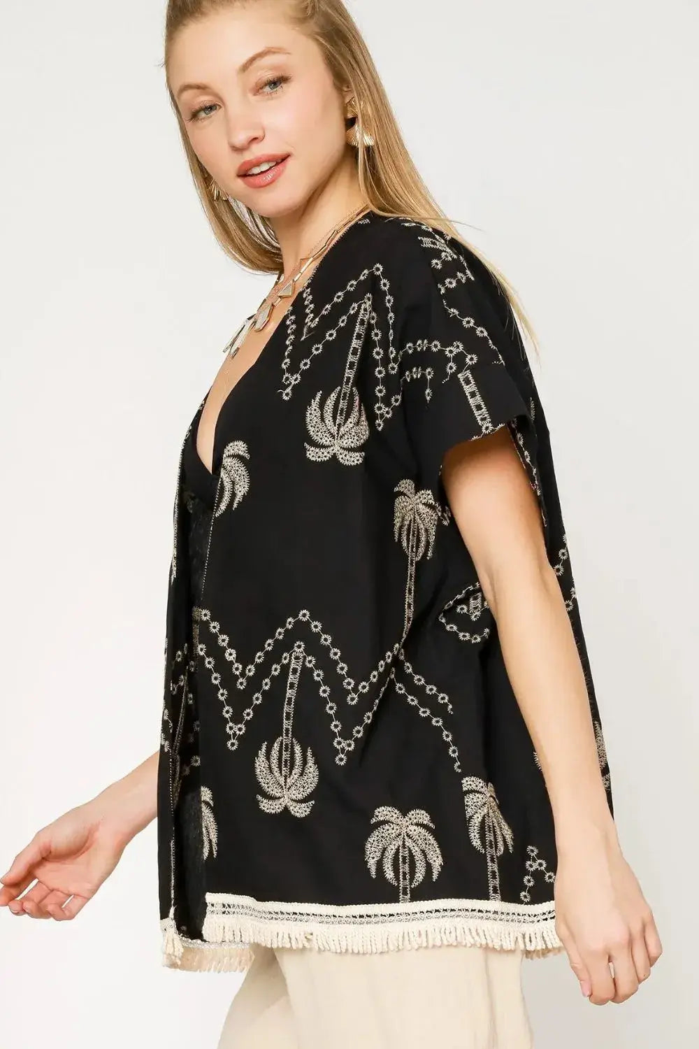 Umgee Open Front Embroidered Fringe Kimono - Trendsi - Flyclothing LLC