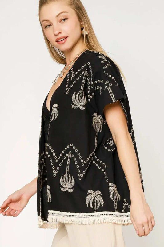 Umgee Open Front Embroidered Fringe Kimono - Trendsi - Flyclothing LLC