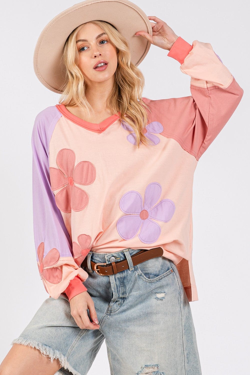 SAGE + FIG Full Size Daisy Applique Patch Color Block Long Sleeve Top - Trendsi