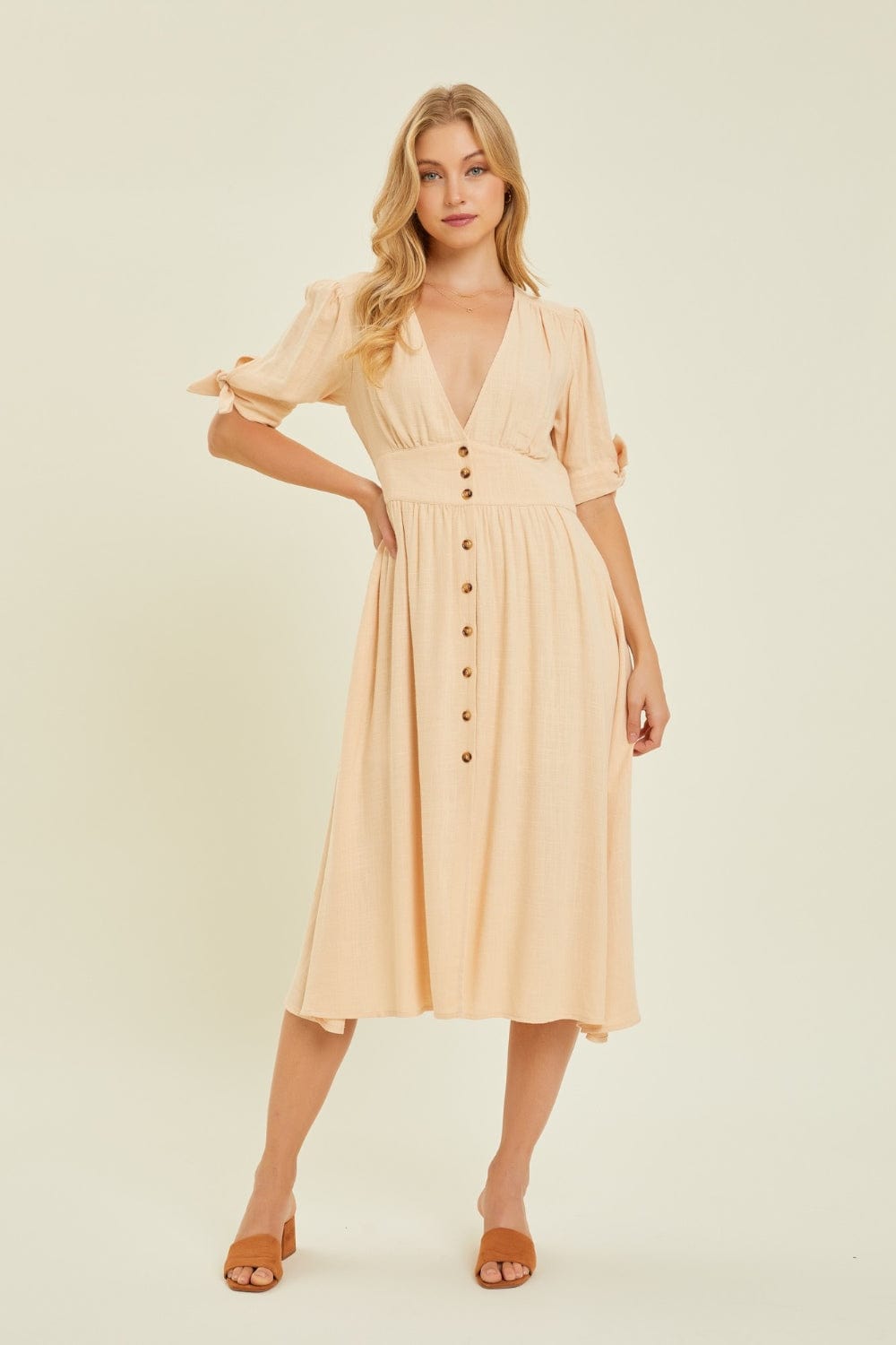 HEYSON Full Size Textured Linen V-Neck Button-Down Midi Dress - Trendsi