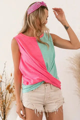 BiBi Slub Terry Color Block Twisted Top - Trendsi - Flyclothing LLC
