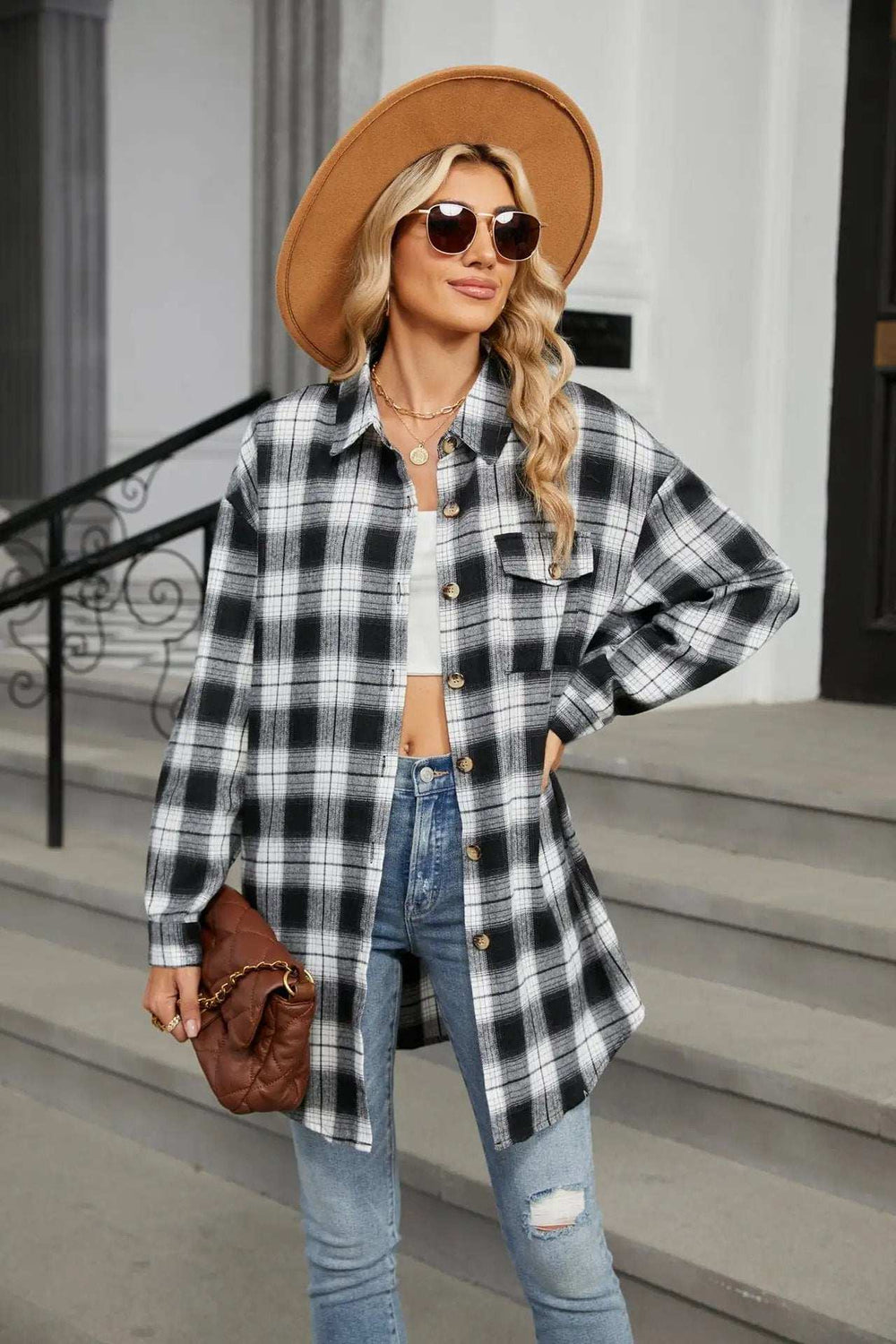 Plaid Collared Neck Long Sleeve Shirt - Trendsi - Flyclothing LLC