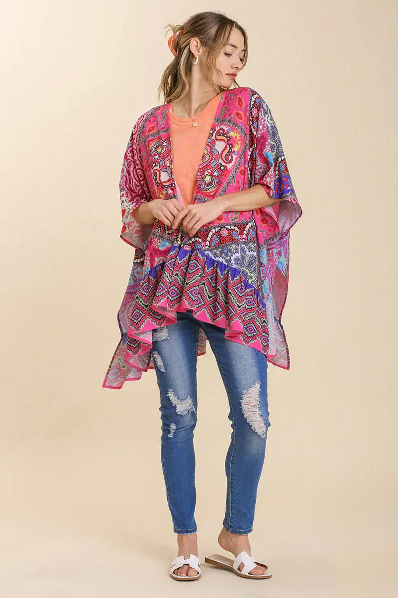 Umgee Full Size Mixed Print Ruffle Hem Open Front Cover Up Plus Size - Trendsi - Flyclothing LLC