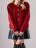 Bow Button Down Round Neck Long Sleeve Cardigan - Trendsi