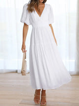 V-Neck Puff Sleeve Midi Dress - Trendsi - Flyclothing LLC