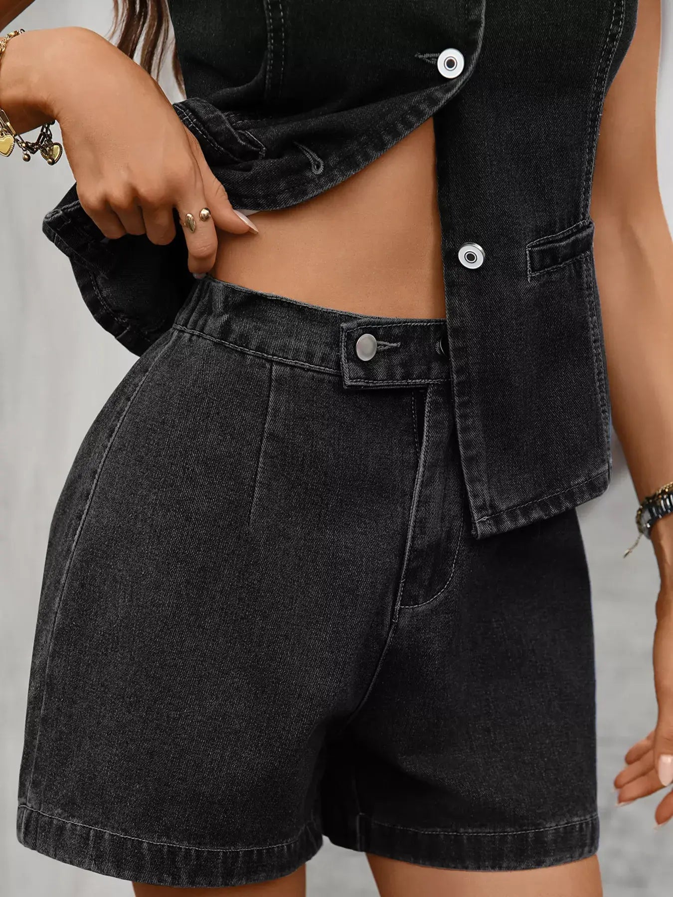 Sleeveless Button-Down Denim Vest & Shorts Set - Trendsi - Flyclothing LLC