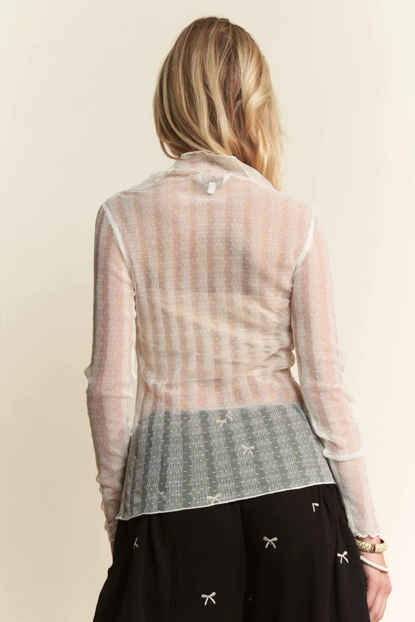Davi & Dani Turtle Neck Lace Dotted Stretch Mesh Sheer Top - Trendsi - Flyclothing LLC