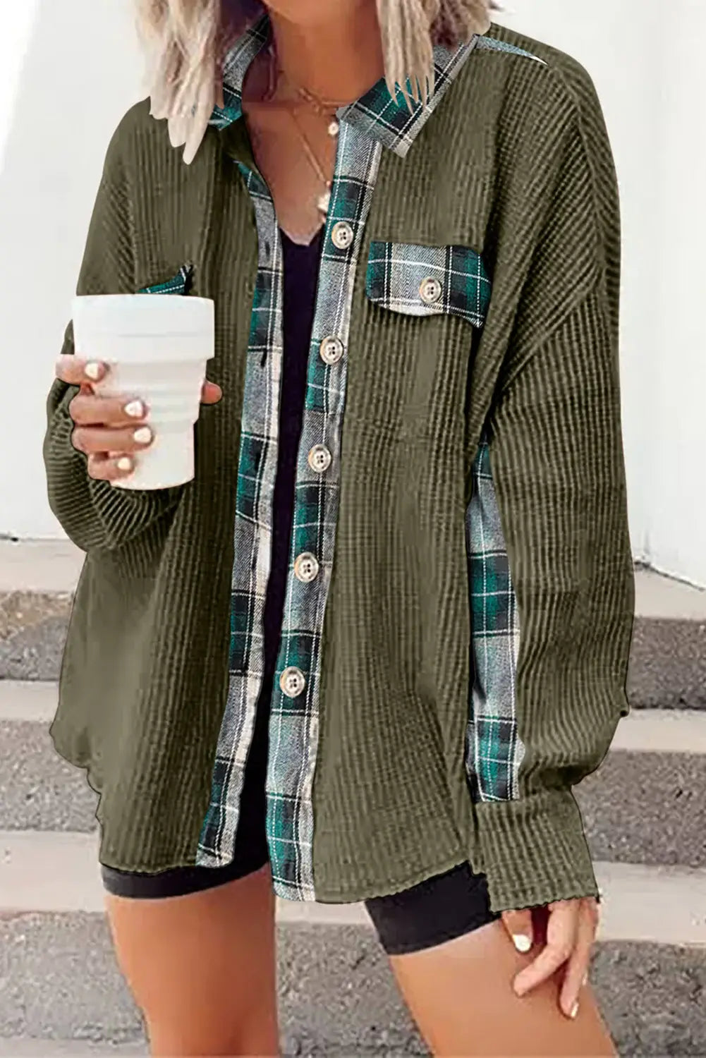 Plaid Button Down Collared Jacket - Trendsi - Flyclothing LLC