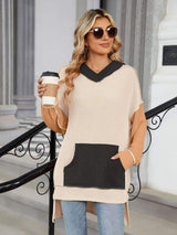 Double Take Contrast Hooded Long Sleeve Top - Trendsi - Flyclothing LLC
