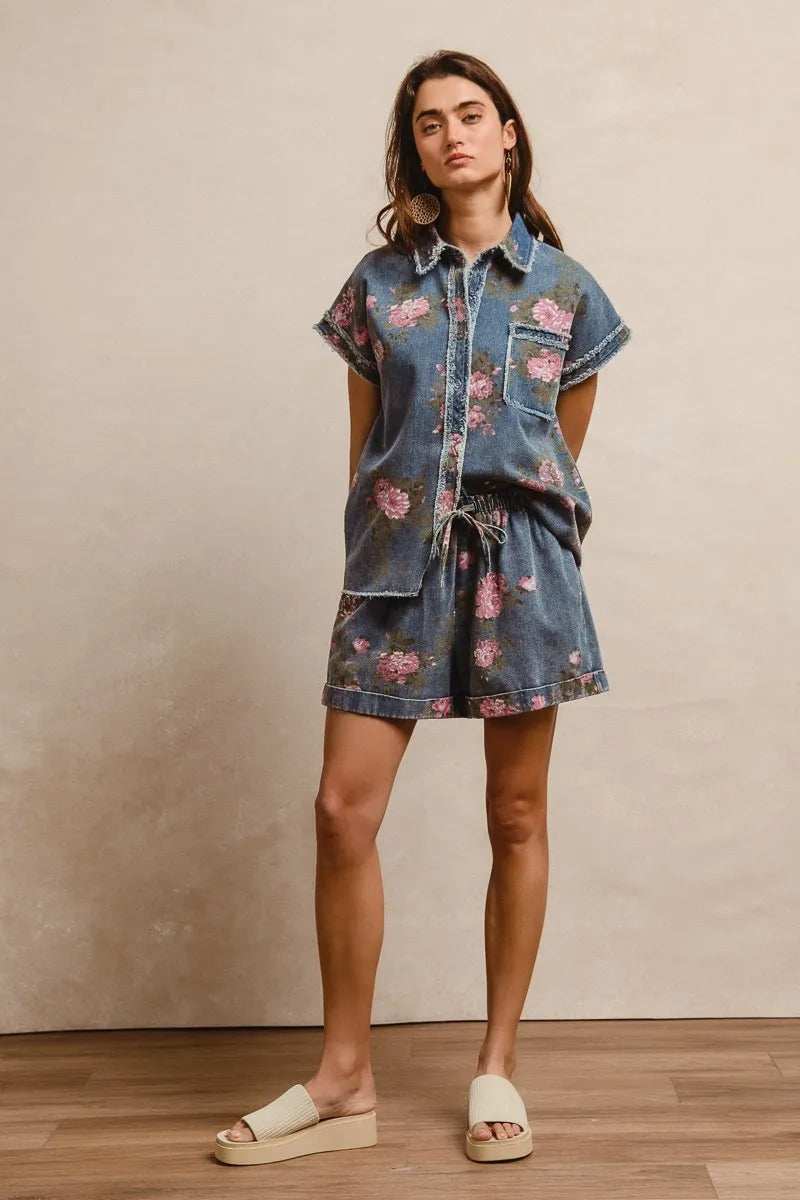 BiBi Floral Printed Denim Short Pants With Pocket - Trendsi - Flyclothing LLC