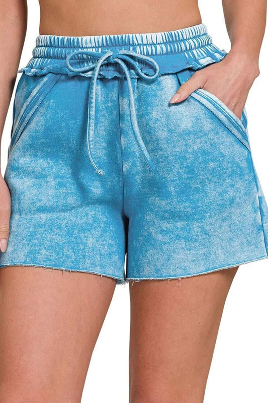 Zenana Acid Wash Fleece Drawstring Shorts With Pockets - Trendsi - Flyclothing LLC