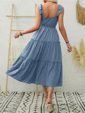 Smocked Tiered Midi Dress with Tie Straps - Trendsi
