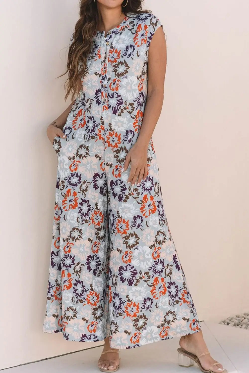 Floral Sleeveless Button Front Wide Leg Jumpsuit - Trendsi - Flyclothing LLC