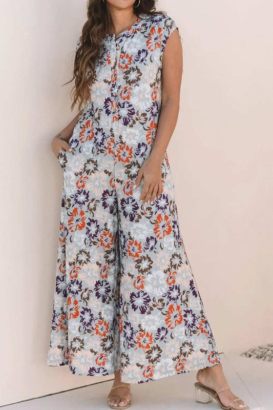Floral Sleeveless Button Front Wide Leg Jumpsuit - Trendsi - Flyclothing LLC
