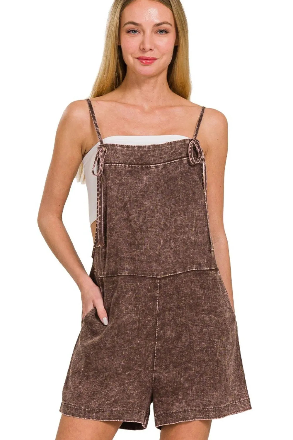 Zenana Washed Linen Knot Strap Rompers - Trendsi