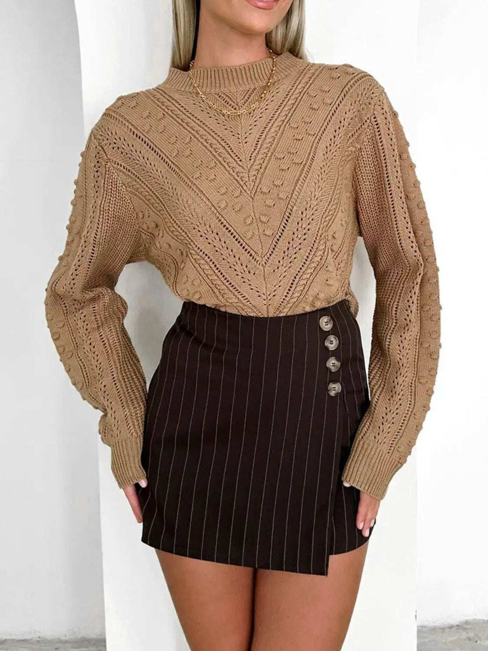 Openwork Round Neck Long Sleeve Sweater - Trendsi - Flyclothing LLC