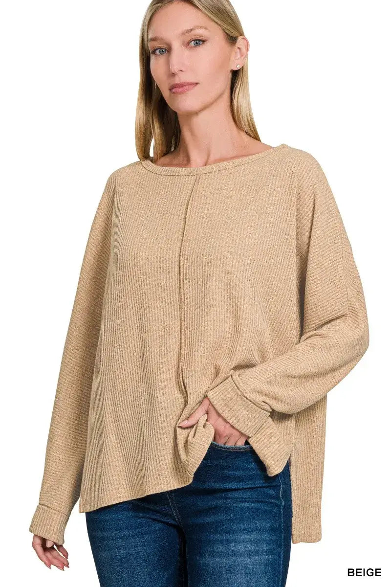 Zenana Ribbed Center Seam Dolman Sleeve Hi Low Sweater - Trendsi - Flyclothing LLC