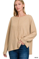 Zenana Ribbed Center Seam Dolman Sleeve Hi Low Sweater - Trendsi - Flyclothing LLC
