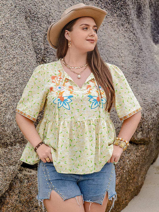 Plus Size Printed Tie Neck Half Sleeve Blouse - Trendsi - Flyclothing LLC