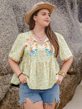 Plus Size Printed Tie Neck Half Sleeve Blouse - Trendsi - Flyclothing LLC