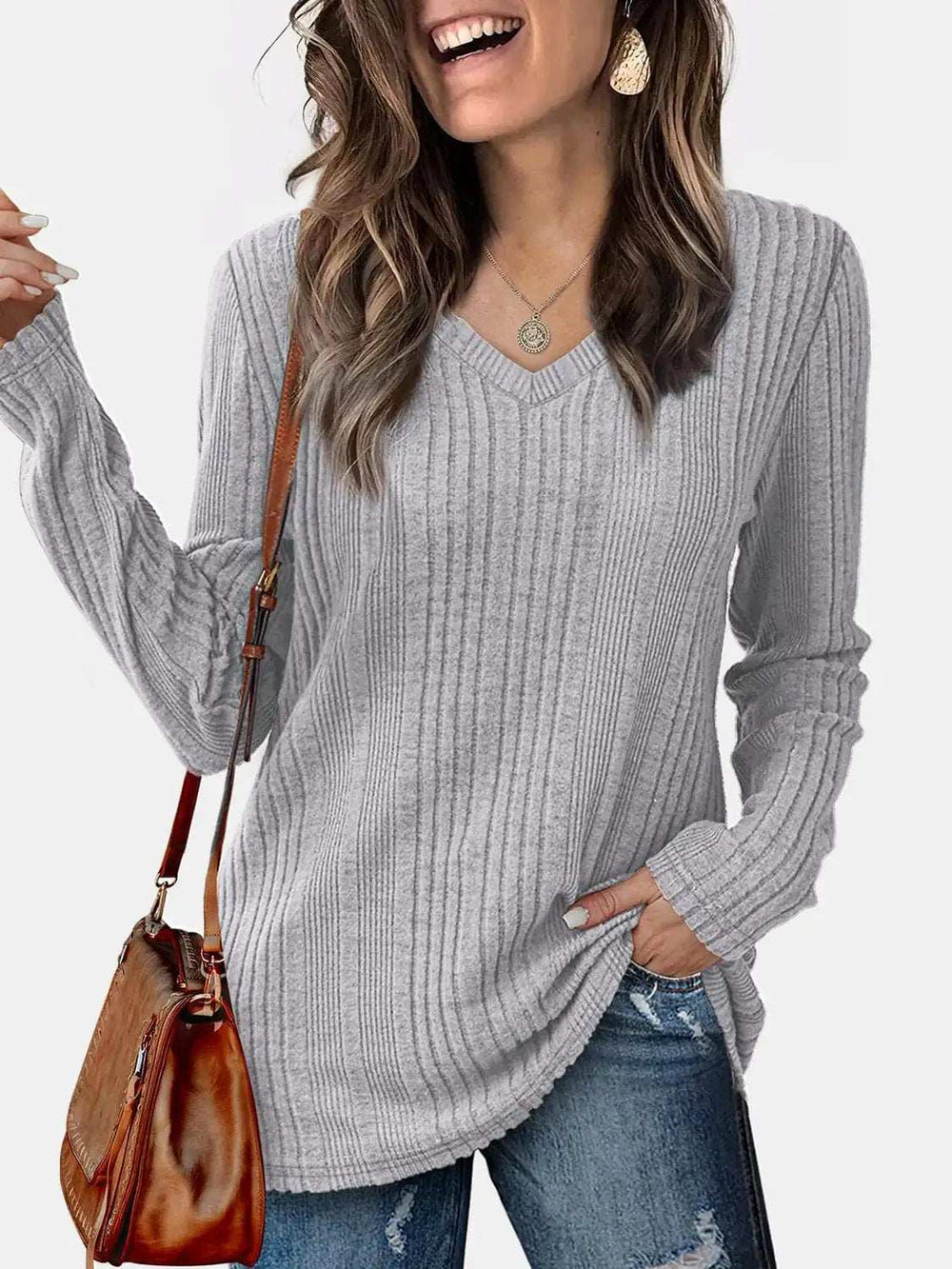 V-Neck Long Sleeve T-Shirt - Trendsi - Flyclothing LLC