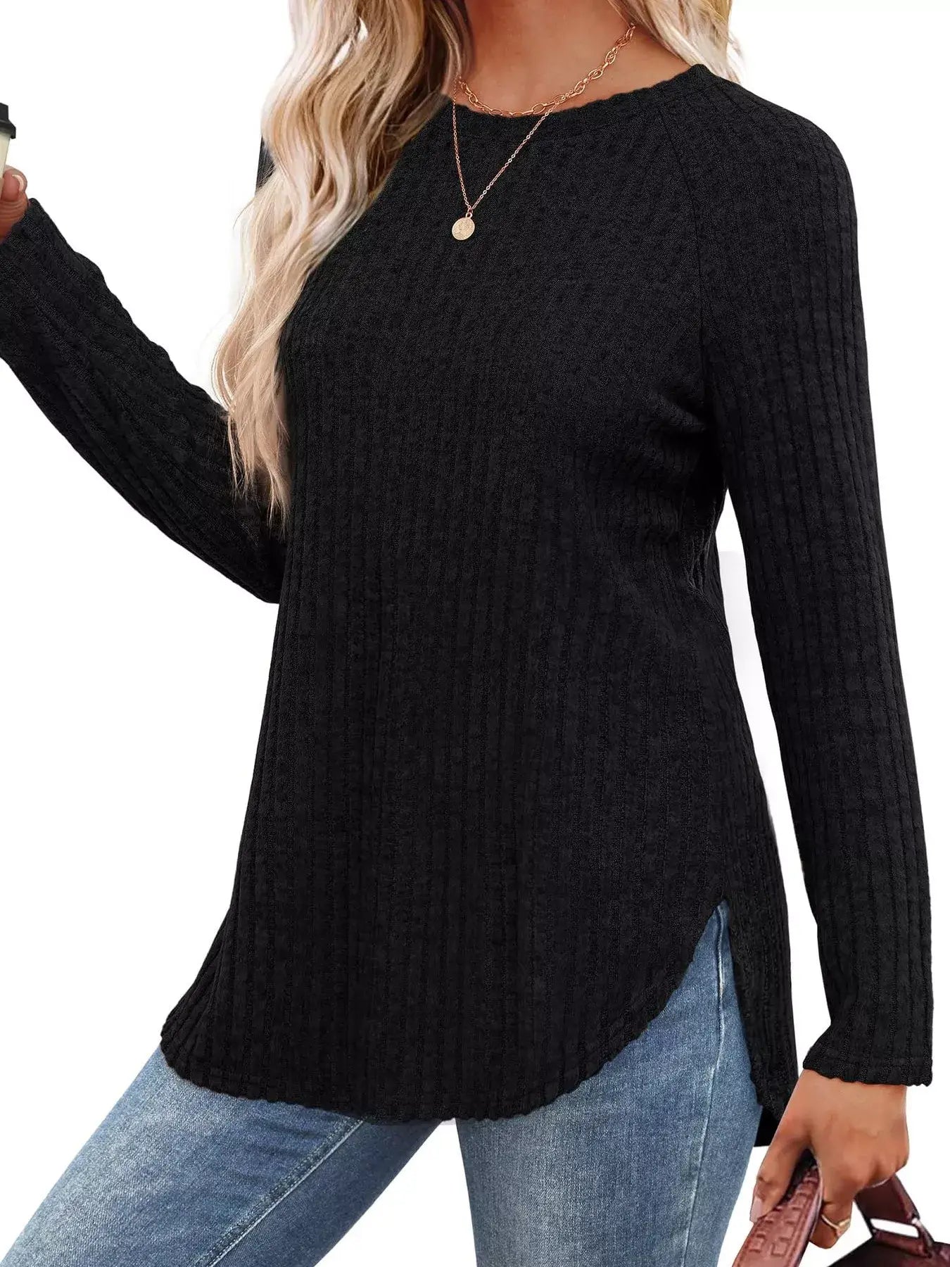 Ribbed Knit Long Sleeve T-Shirt - Trendsi - Flyclothing LLC