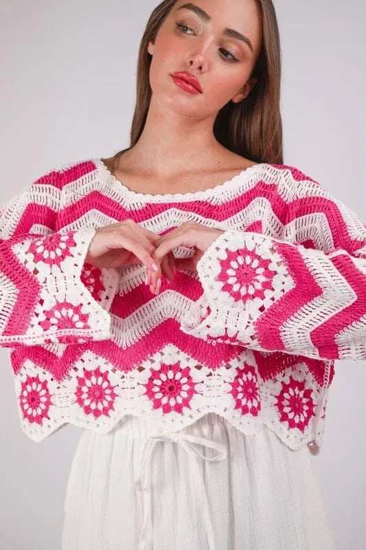 VERY J Chevron/Floral Pattern Crochet Knit Top - Trendsi - Flyclothing LLC