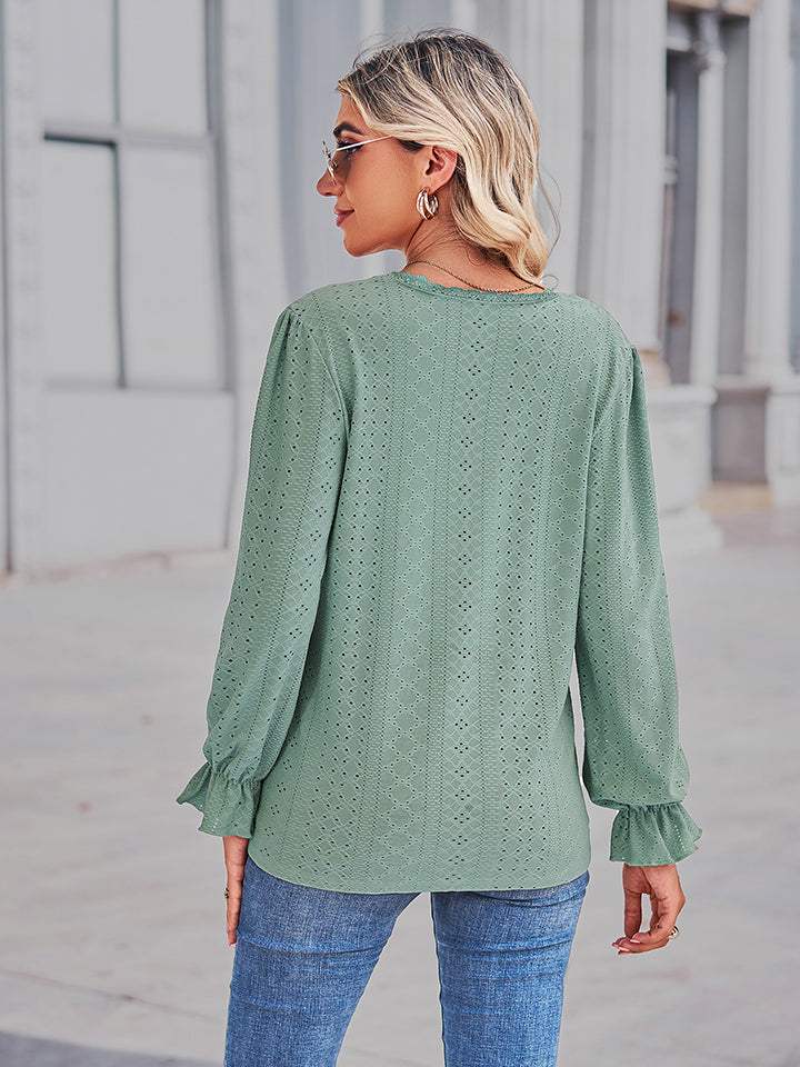 Eyelet V-Neck Flounce Sleeve Blouse - Trendsi - Flyclothing LLC