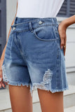 Distressed Raw Hem Asymmetric Waist Denim Shorts - Trendsi