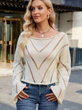 Openwork Boat Neck Long Sleeve Sweater - Trendsi