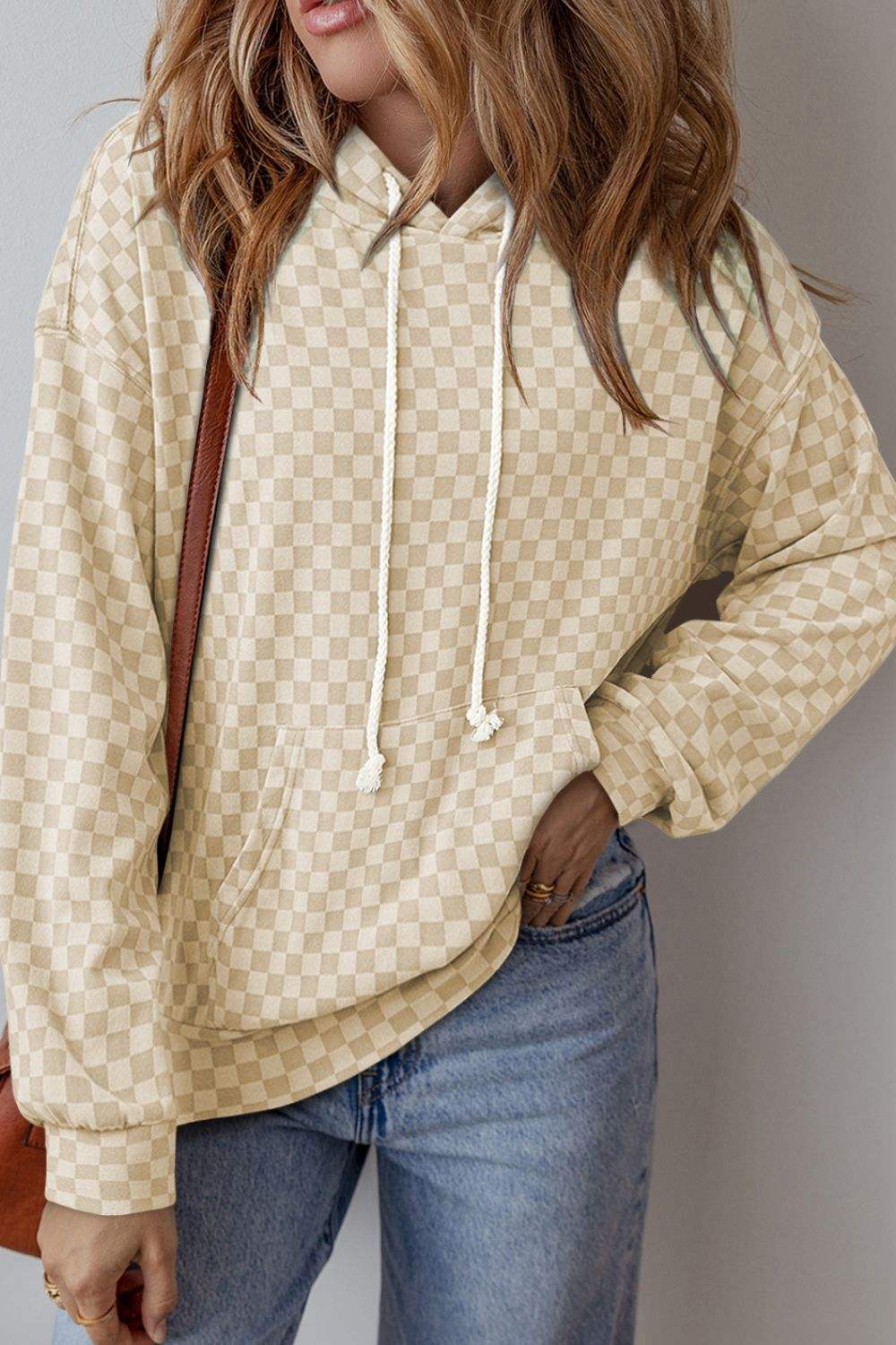 Checkered Print Kangaroo Pocket Drawstring Hoodie - Trendsi - Flyclothing LLC