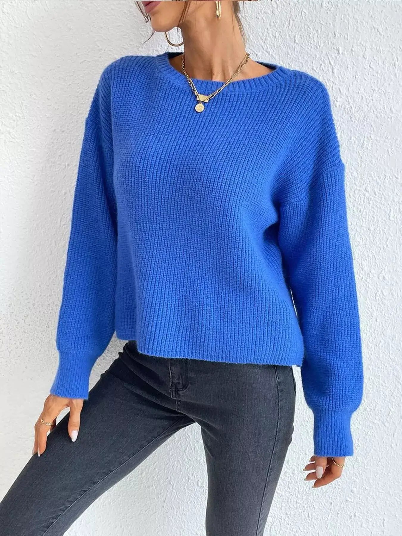Ribbed Knit Dropped Shoulder Sweater - Trendsi - Flyclothing LLC