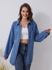 Pocketed Striped Button Up Denim Shirt - Trendsi