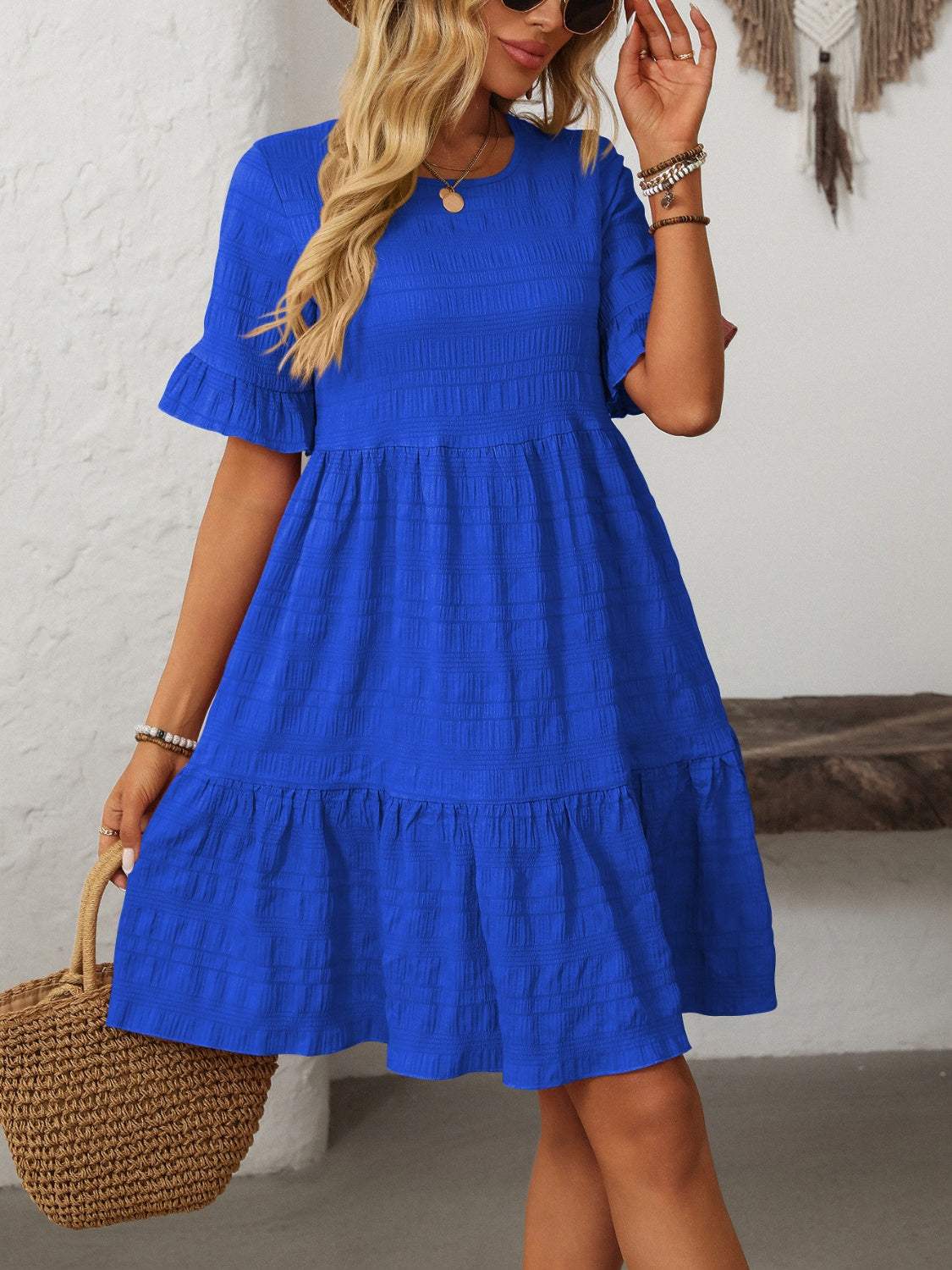 Mandy Ruffled Ruched Round Neck Half Sleeve Dress - Trendsi - Flyclothing LLC