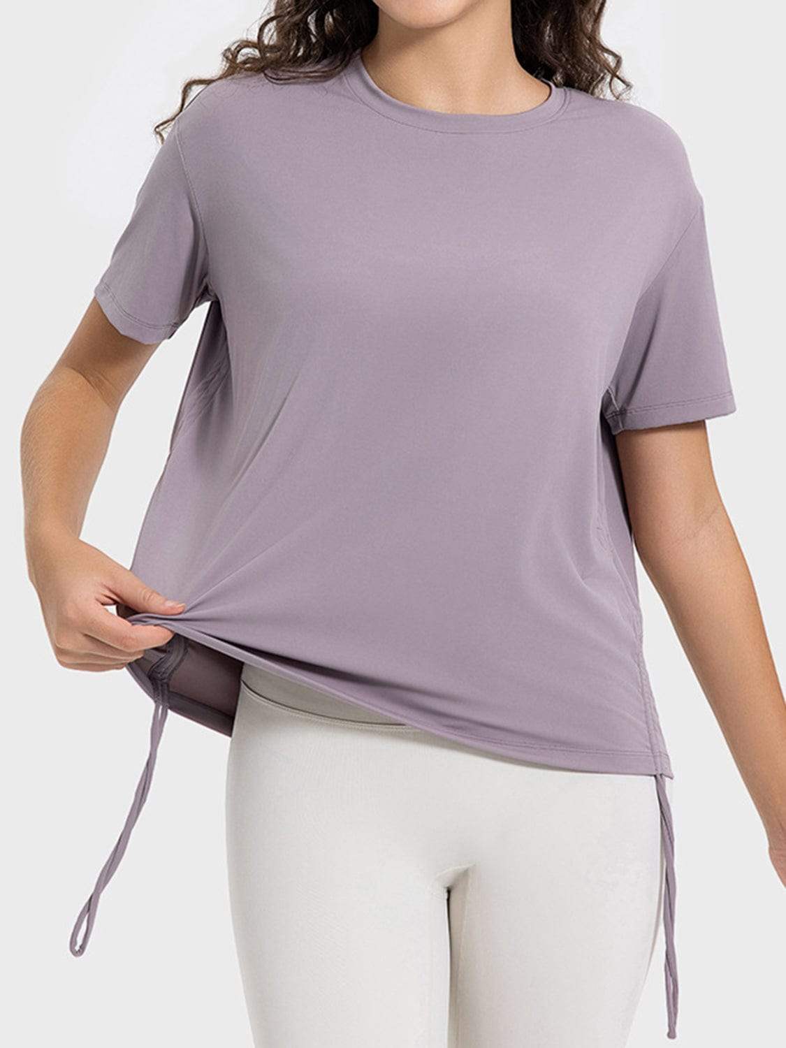 Drawstring Round Neck Short Sleeve Active T-Shirt - Trendsi - Flyclothing LLC
