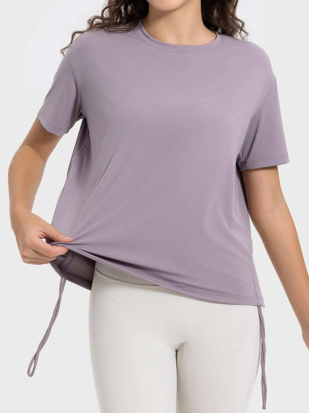 Drawstring Round Neck Short Sleeve Active T-Shirt - Trendsi - Flyclothing LLC