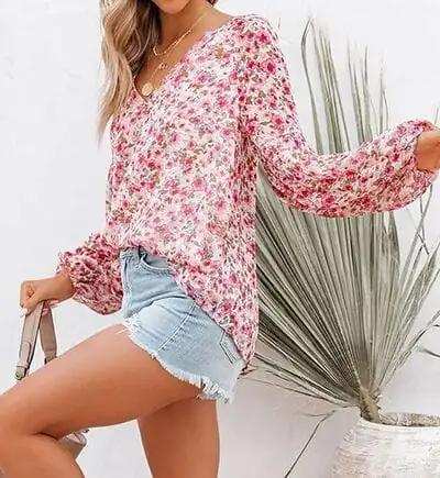 Printed Notched Long Sleeve Blouse - Trendsi - Flyclothing LLC