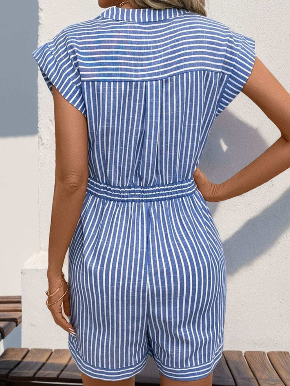 Striped Notched Tie Waist Romper - Trendsi - Flyclothing LLC