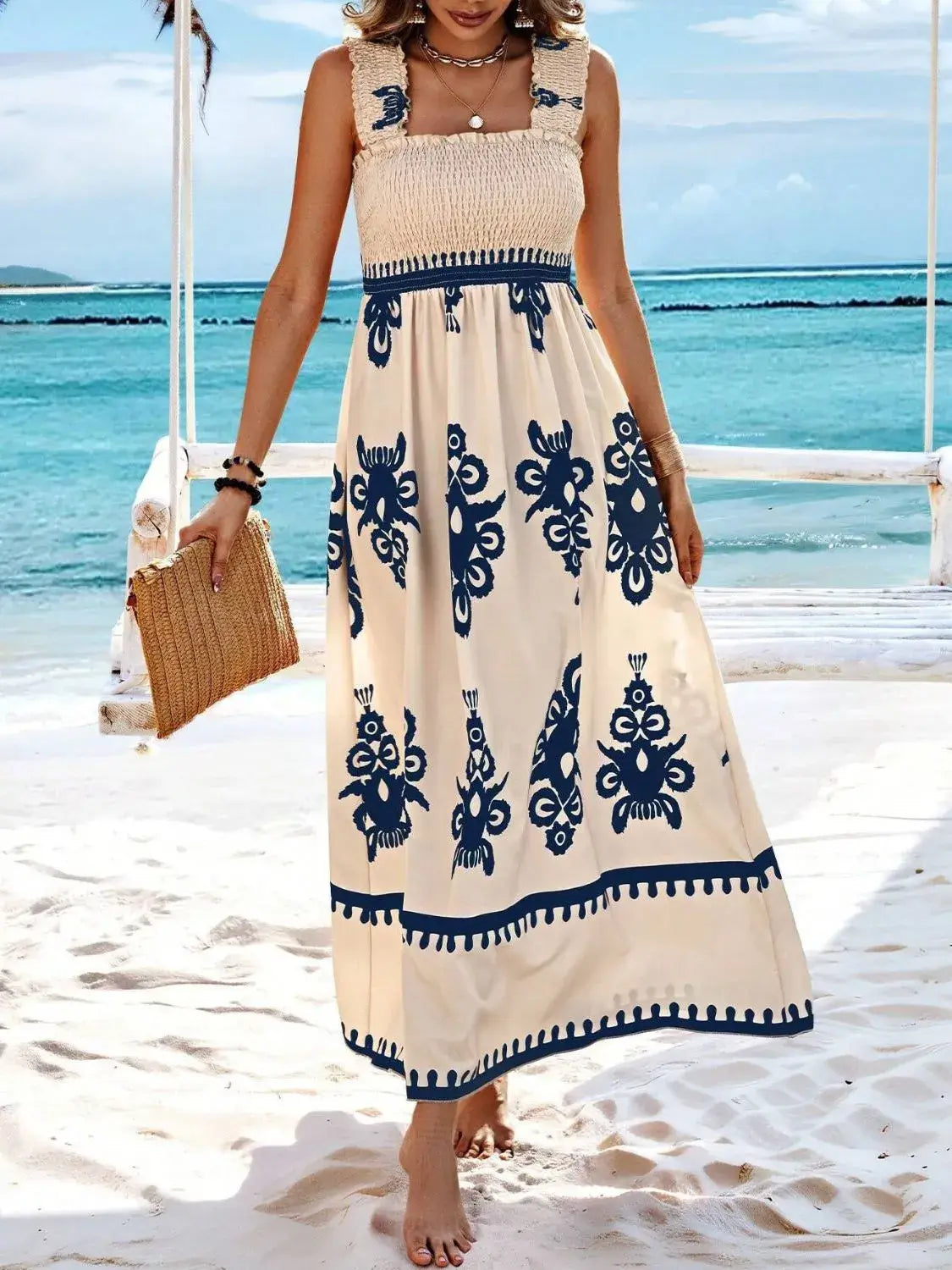 Smocked Printed Wide Strap Maxi Dress - Trendsi - Flyclothing LLC