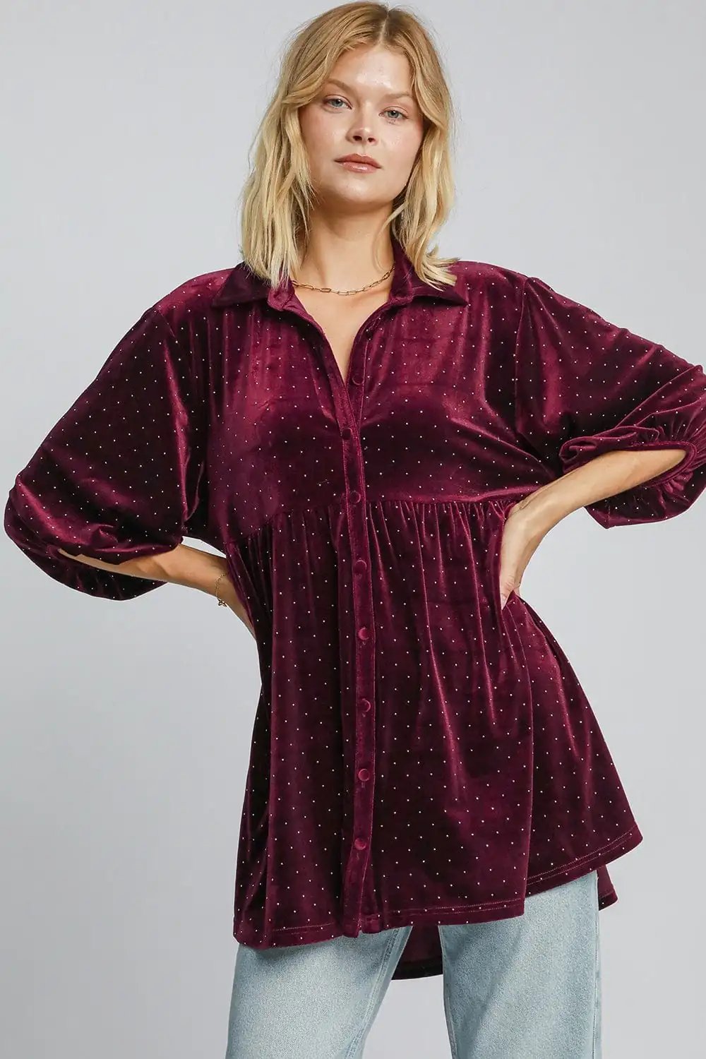 Umgee Full Size Polka Dot Button Up Half Sleeve Shirt - Trendsi