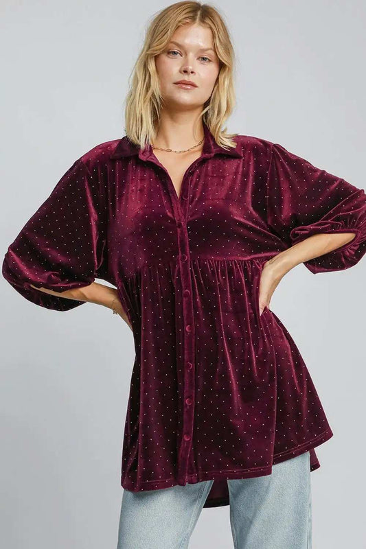 Umgee Full Size Polka Dot Button Up Half Sleeve Shirt - Trendsi - Flyclothing LLC
