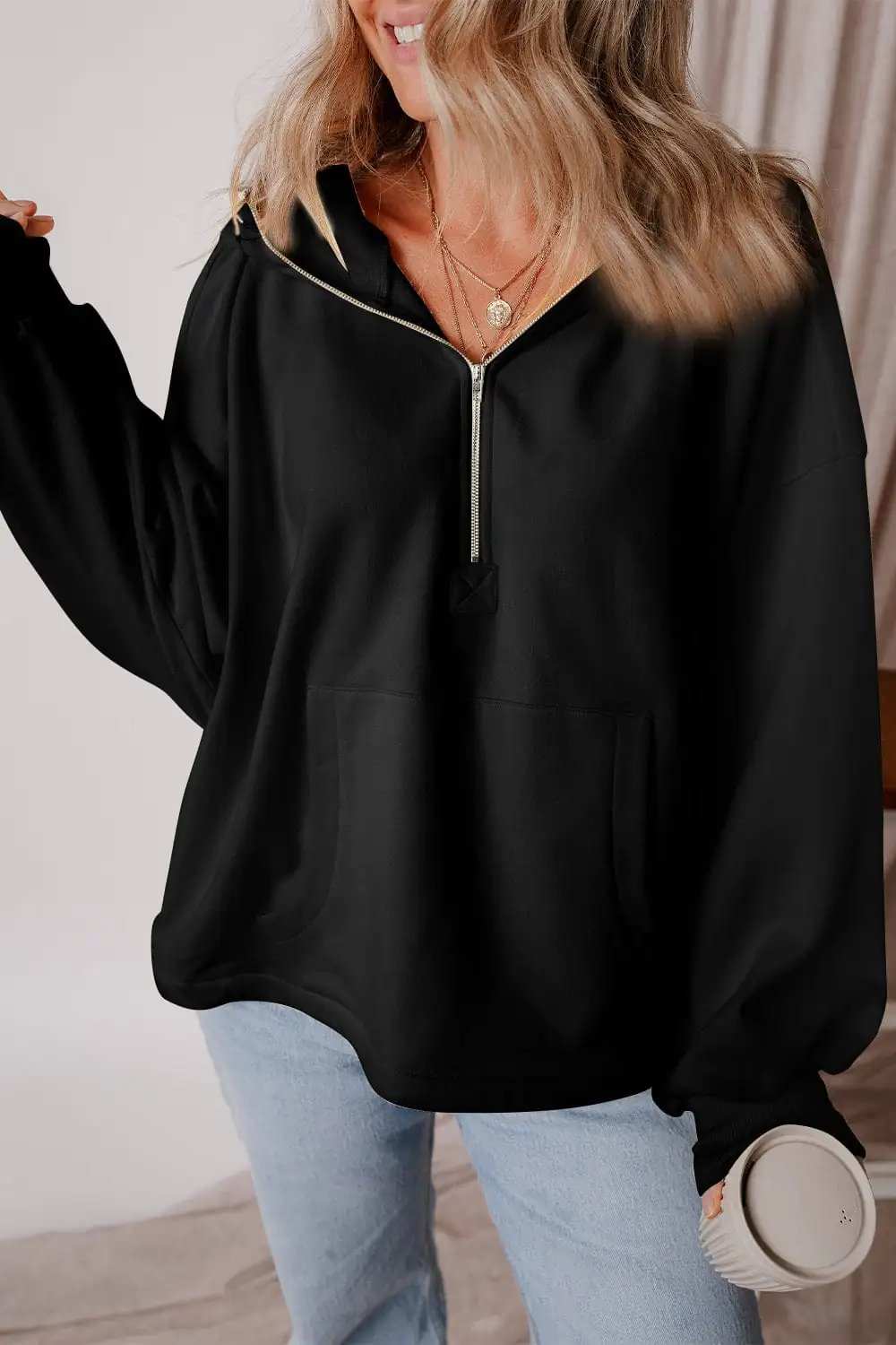 Pocketed Half Zip Dropped Shoulder Hoodie - Trendsi - Flyclothing LLC
