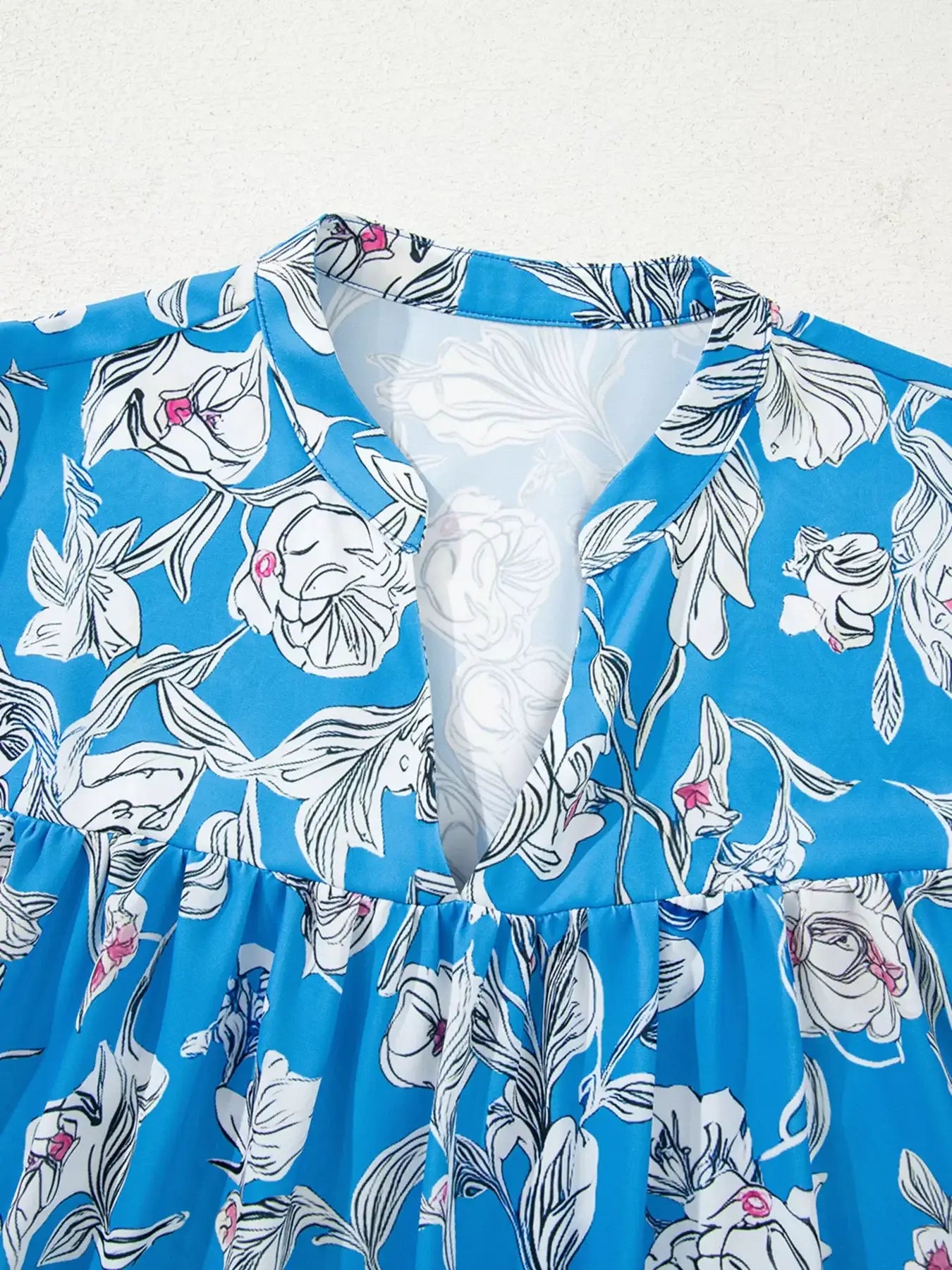 Notched Floral Print 3/4 Puff Sleeve Blouse - Trendsi - Flyclothing LLC