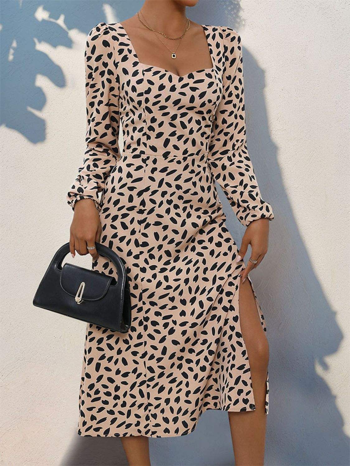 Tied Slit Printed Long Sleeve Midi Dress - Trendsi - Flyclothing LLC