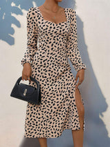 Tied Slit Printed Long Sleeve Midi Dress - Trendsi - Flyclothing LLC