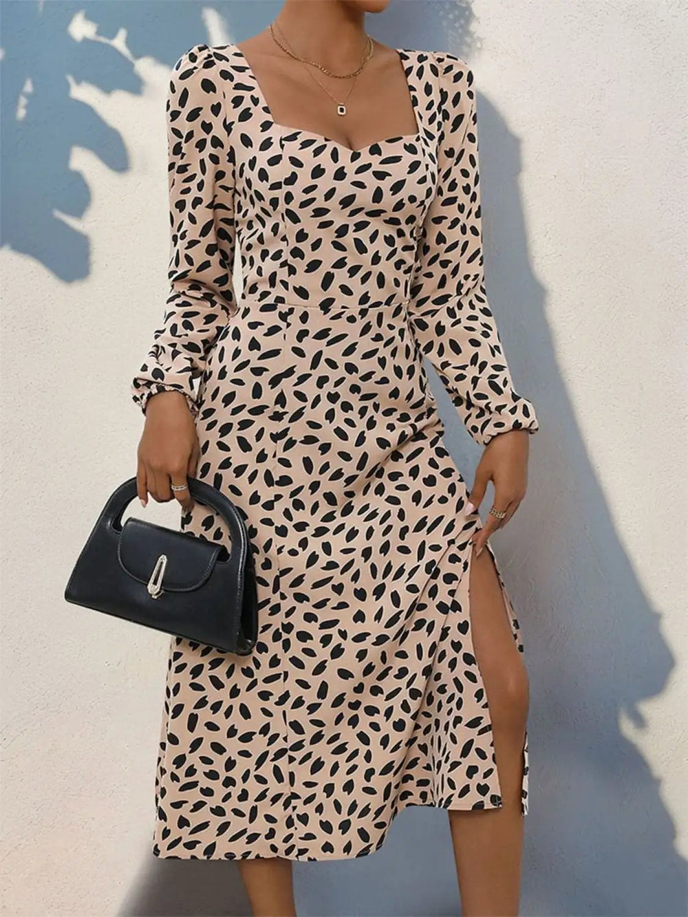 Tied Slit Printed Long Sleeve Midi Dress - Trendsi