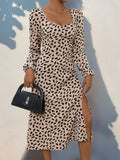 Tied Slit Printed Long Sleeve Midi Dress - Trendsi