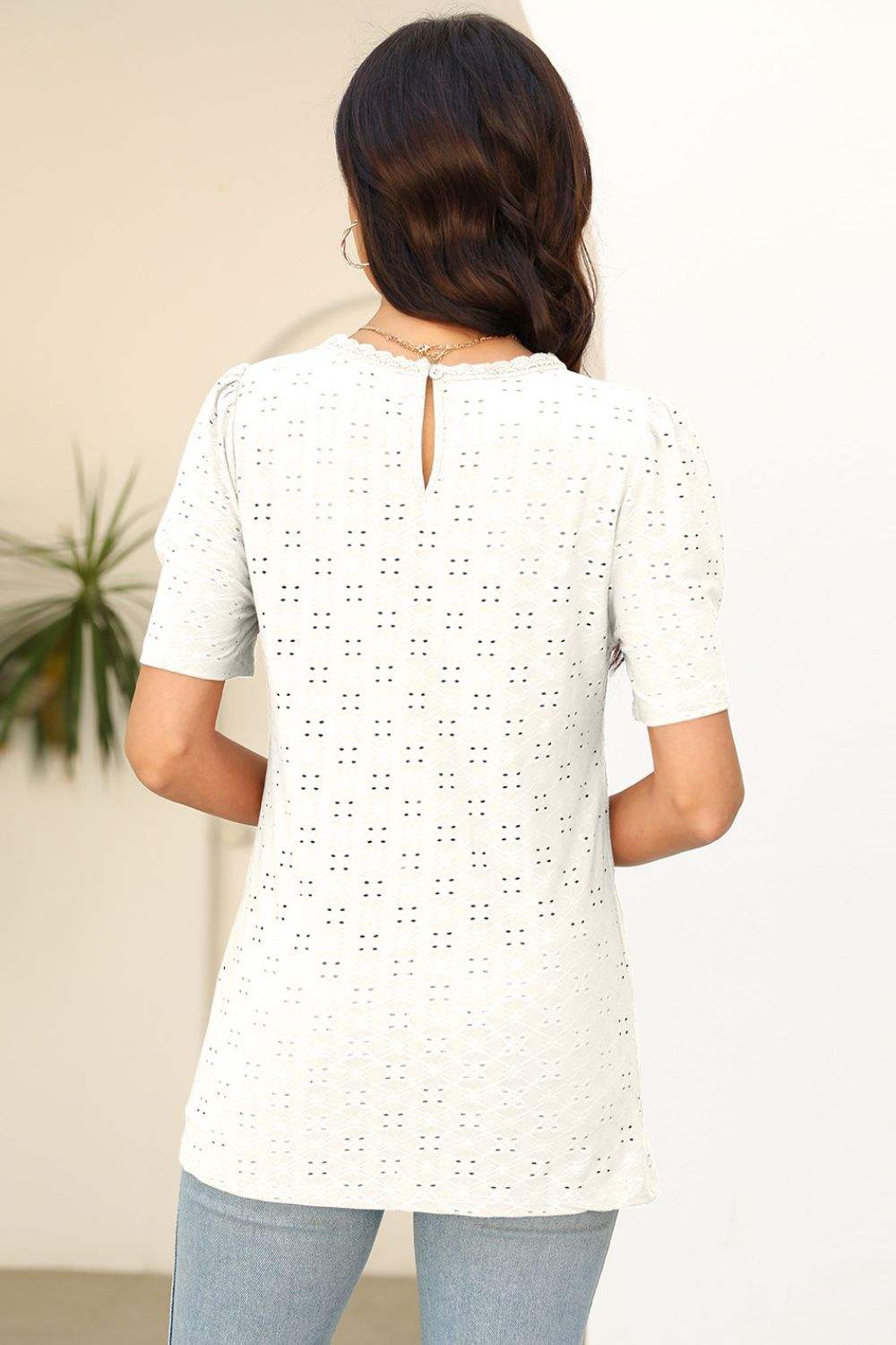 Eyelet Round Neck Short Sleeve T-Shirt - Trendsi - Flyclothing LLC